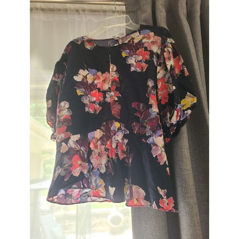 Black Floral Silk Blouse Large